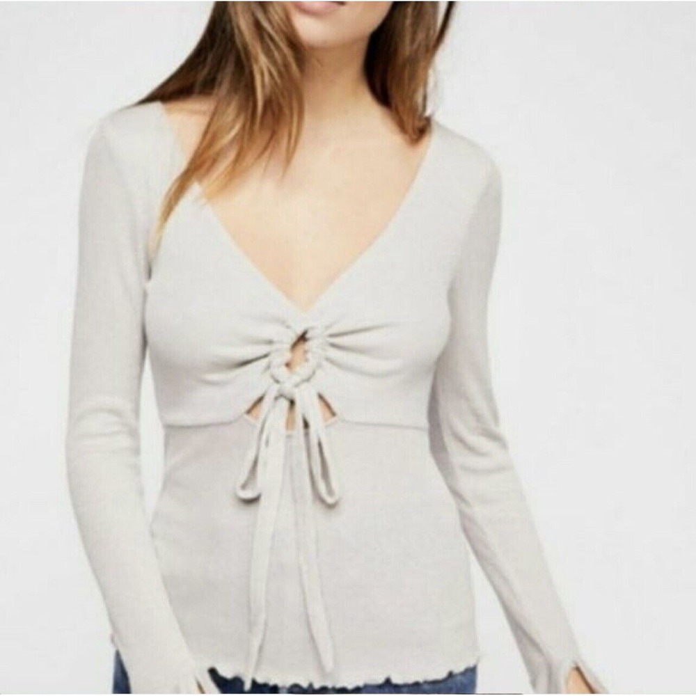 Free People Intimately Top Women's Size Medium Beige Keyhole Tie Knit Blouse